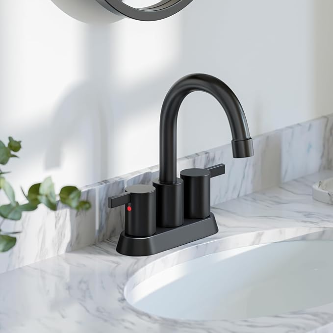 Phiestina 4 Inch 2 Handle Centerset Matte Black Lead-Free Modern Bathroom Faucet, 360 Swivel Spout 2-3 Hole RV Bathroom Vanity Sink Faucet with Pop Up Drain and Water Supply Lines,BF015-1-MB