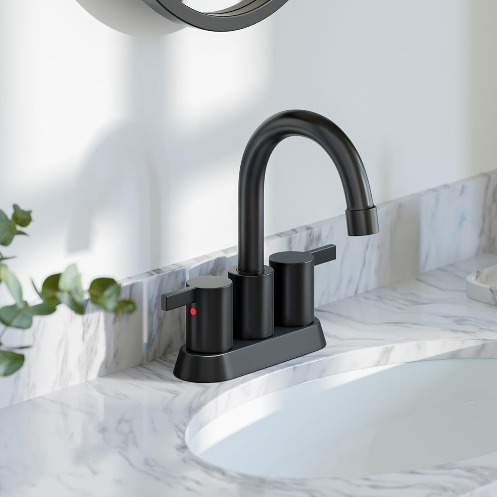 Phiestina 4 Inch 2 Handle Centerset Matte Black Lead-Free Modern Bathroom Faucet, 360 Swivel Spout 2-3 Hole RV Bathroom Vanity Sink Faucet with Pop Up Drain and Water Supply Lines,BF015-1-MB