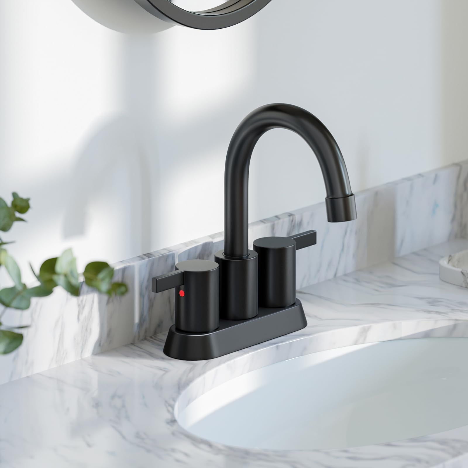 Phiestina 4 Inch 2 Handle Centerset Matte Black Lead-Free Modern Bathroom Faucet, 360 Swivel Spout 2-3 Hole RV Bathroom Vanity Sink Faucet with Pop Up Drain and Water Supply Lines,BF015-1-MB