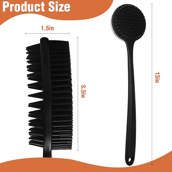 YouthRun Silicone Body Scrubber for Shower Men Women – Dual-Sided Exfoliating & Massage Shower Brush with Long Handle, Creates Rich Lather, Includes 1 Hook & 2 Lather Balls (Black).
