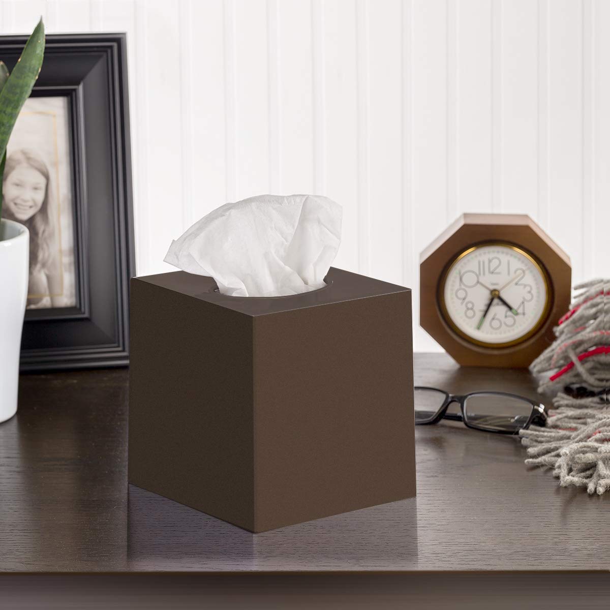 DWËLLZA HOMË Brown Tissue Box Cover Square - Plastic Facial Tissue Box Holder Set of 2 - Cube Tissue Holder Dispensers Fit Any Vanity Countertop, Bedroom Dresser, Office Desk or Brown Bathroom Decor