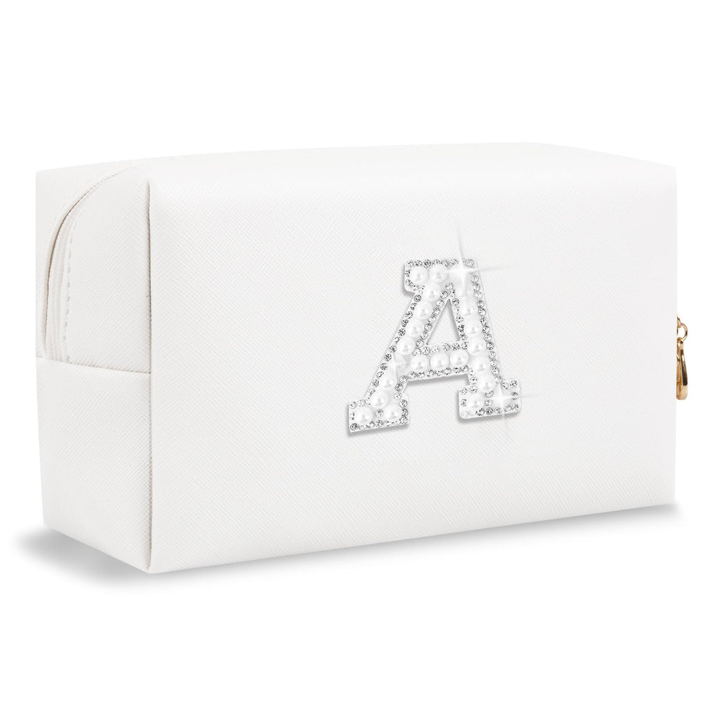 Bride Gifts – Personalized Initial Makeup Bag with Pearl Rhinestone Patch, Preppy White Monogram Cosmetic/Toiletry Pouch, bridesmaid Gifts, Bridal Shower Gifts, Wedding Gifts, Bridal Gifts,U — A