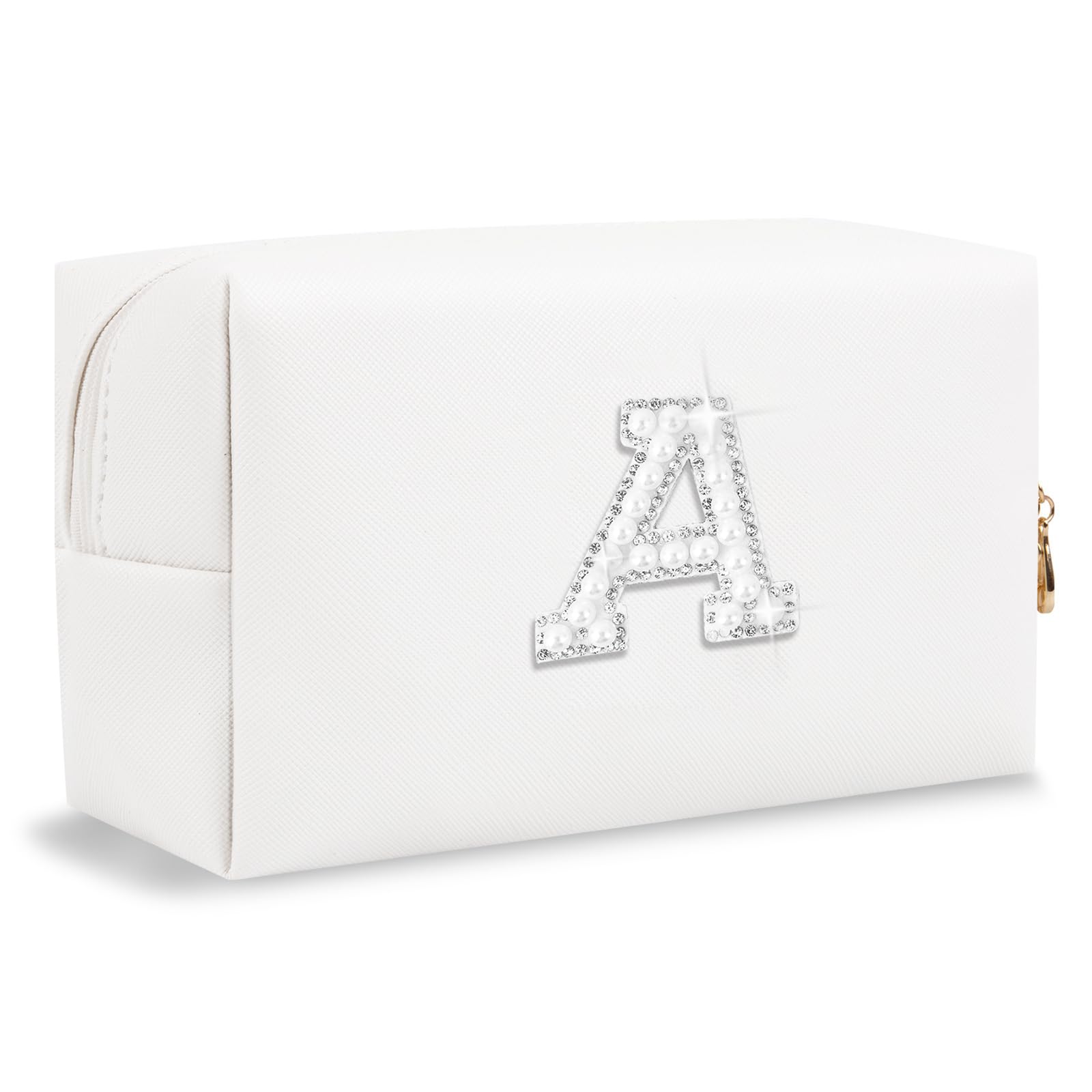 Bride Gifts – Personalized Initial Makeup Bag with Pearl Rhinestone Patch, Preppy White Monogram Cosmetic/Toiletry Pouch, bridesmaid Gifts, Bridal Shower Gifts, Wedding Gifts, Bridal Gifts,U — A