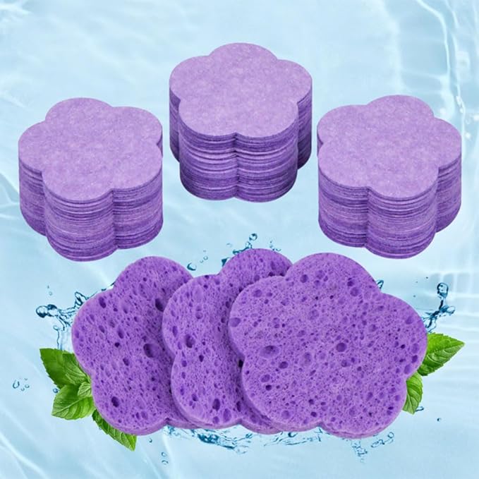100-Count Facial Sponges Compressed Facial Sponges Natural Facial Cleansing Sponges Pads Cute Flower Shape Exfoliating Sponges for Cleansing Reusable,Best Makeup Gift, Purple