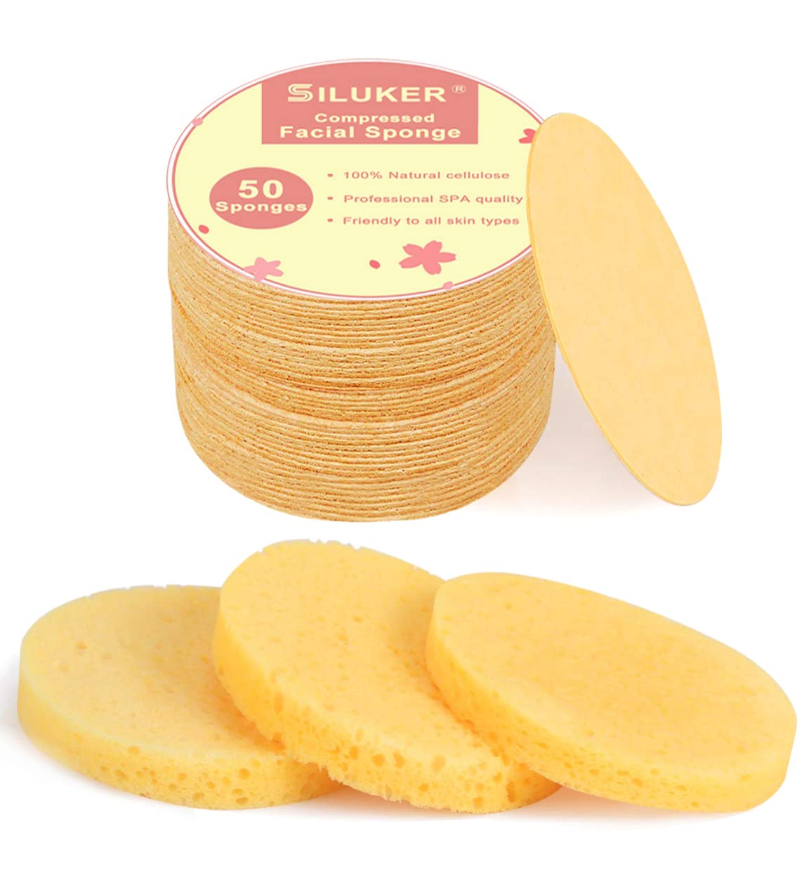 SILUKER 50-Count Compressed Facial Sponges for Daily Face Cleansing, Yellow
