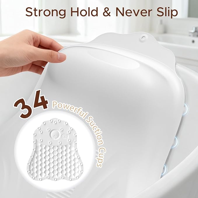 Bath Pillow for Tub, Adjustable Silicone Bathtub Pillows for Head and Neck, 0"–2.3" Neck Support, 34 Suction Cups, Easy to Clean, No Machine Wash Needed (White)