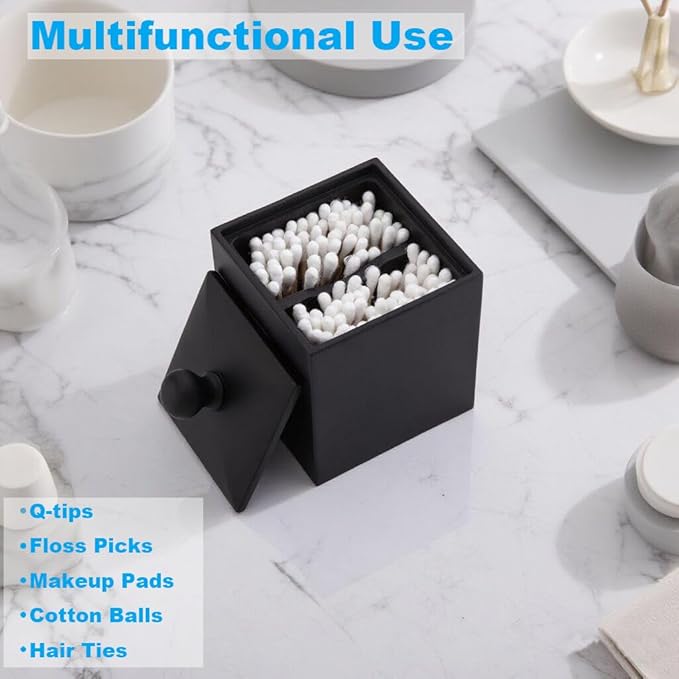 Cotton Swab Holder with Lid, Square Qtip Holder Bathroom Black, 2 Slot Resin Cotton Ball Canister Jar Cosmetics Makeup Countertop Organizer Containers Canister Apothecary Jar, Matte Black