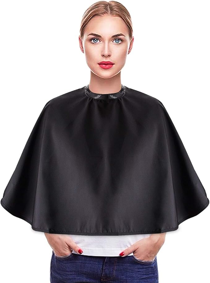 Noverlife Black Makeup Cape, Chemical & Water Proof Beauty Salon Shorty Smock for Clients, Lightweight Comb-out Beard Apron Shortie Make Up Bib Styling Shampoo Cape for Makeup Artist Beautician