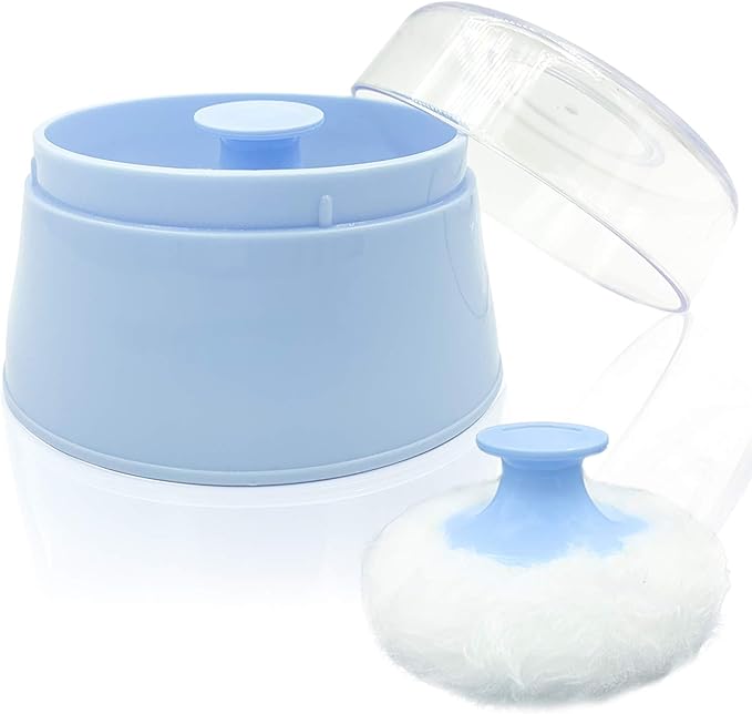 BPA Free Baby Powder Puff Box, Large 2.8" Fluffy Body After-Bath Powder Case, Baby Care Face/Body Villus Powder Puff Container, Makeup Cosmetic Talcum Powder Container with Hand Holder (Blue)
