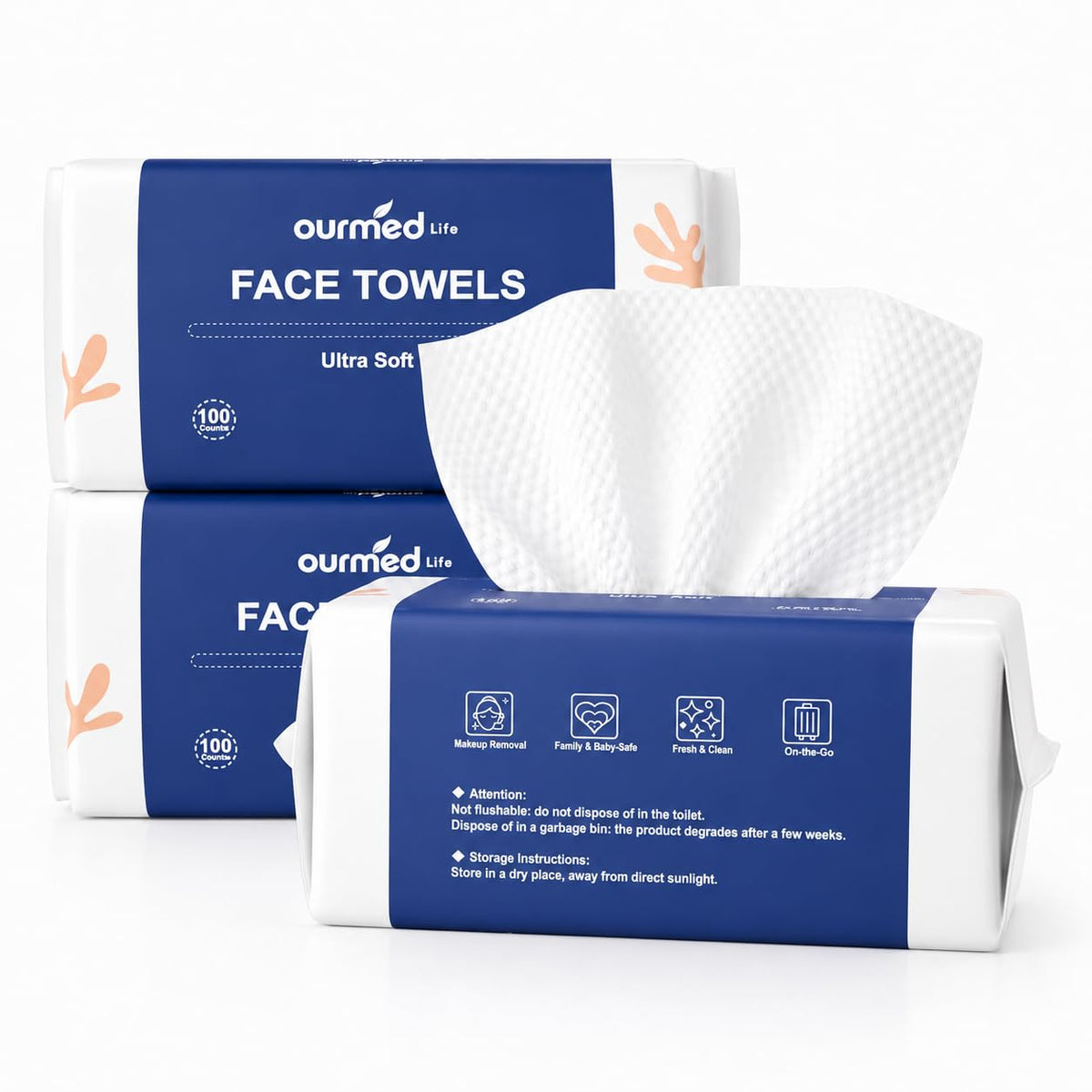 Ourmed Life Face Towels Disposable, Ultra Soft & Absorbent, 100 Count