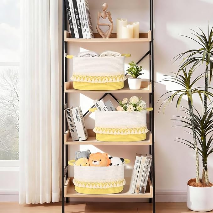 2 Pack Storage Basket for Shelves, Boho Cotton Rope Storage Bins with Heavy Tassel, Shelf Baskets Large Woven Baskets for Organizing, Cube Organizer Bins, Baby Laundry Basket for Clothes, Toys, Pets