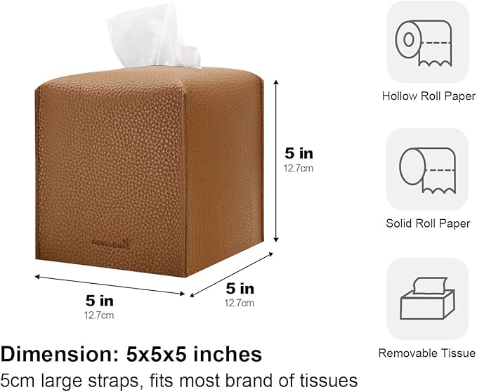 PENGLONG Tissue Box Cover 5X5X5'' PU Leather Tissue Holder Square Tissue Cube Box Organizer for Bathroom Vanity Countertop, Car, Night Stands, Office, Home, Kitchen (1Pack, Brown)