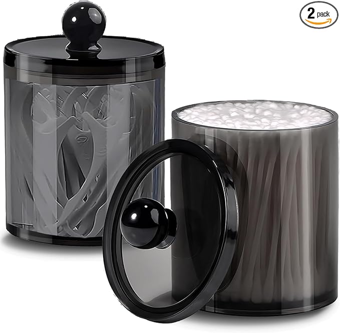 2 Pack Cotton Buds Dispenser, Pad Holder, 10 oz Clear Black Cotton Swab Holder Round Holder, Apothecary Jar Set Canister Storage Organization for Ball, Round Pads, Floss