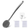 YouthRun Silicone Body Scrubber for Shower Men Women – Dual-Sided Exfoliating & Massage Shower Brush with Long Handle, Creates Rich Lather, Includes 1 Hook & 2 Lather Balls (Gray).