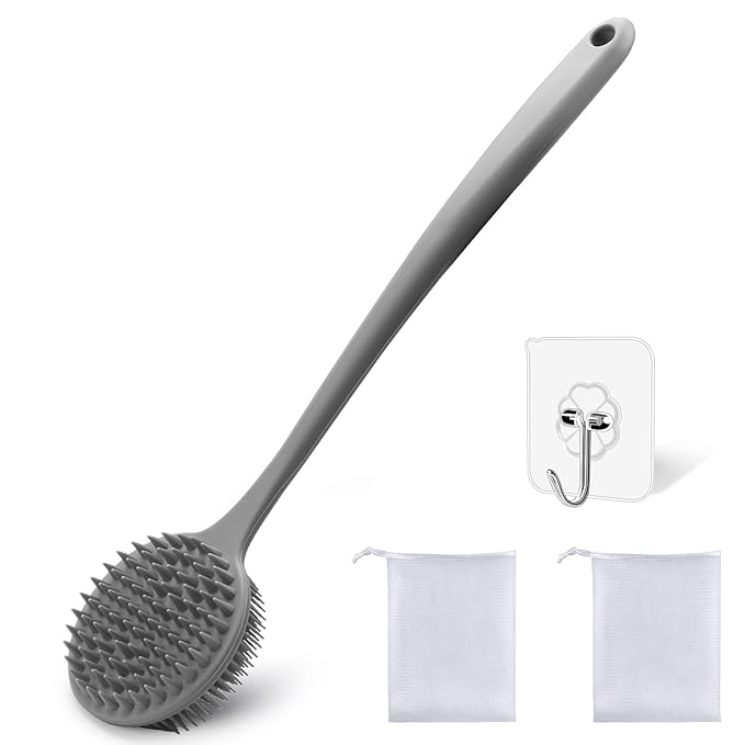 YouthRun Silicone Body Scrubber for Shower Men Women – Dual-Sided Exfoliating & Massage Shower Brush with Long Handle, Creates Rich Lather, Includes 1 Hook & 2 Lather Balls (Gray).