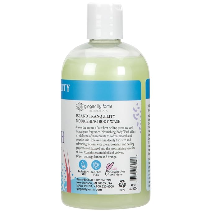 Ginger Lily Farms Botanicals Nourishing Body Wash, Island Tranquility, 100% Vegan & Cruelty-Free, Green Tea & Lemongrass Scent, 12 Fl Oz