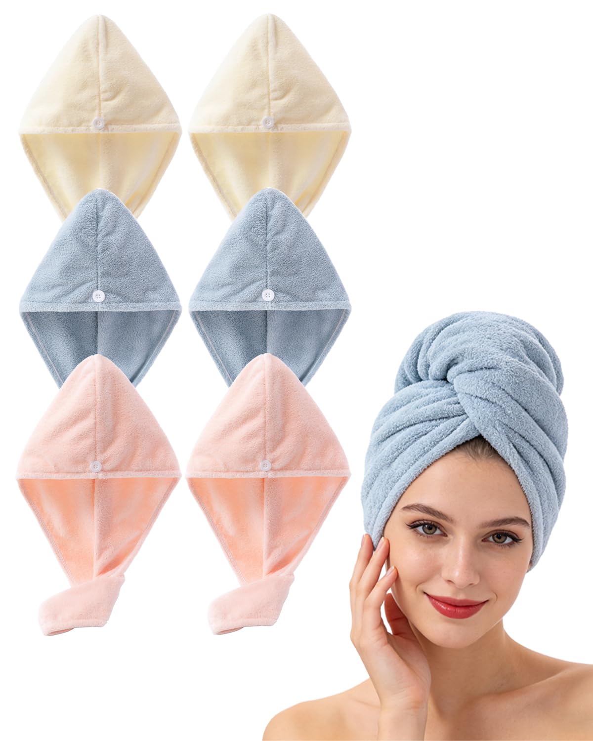 Lumimi Luxury Microfiber Hair Towel Gift Set 6 Pack with Button Closure