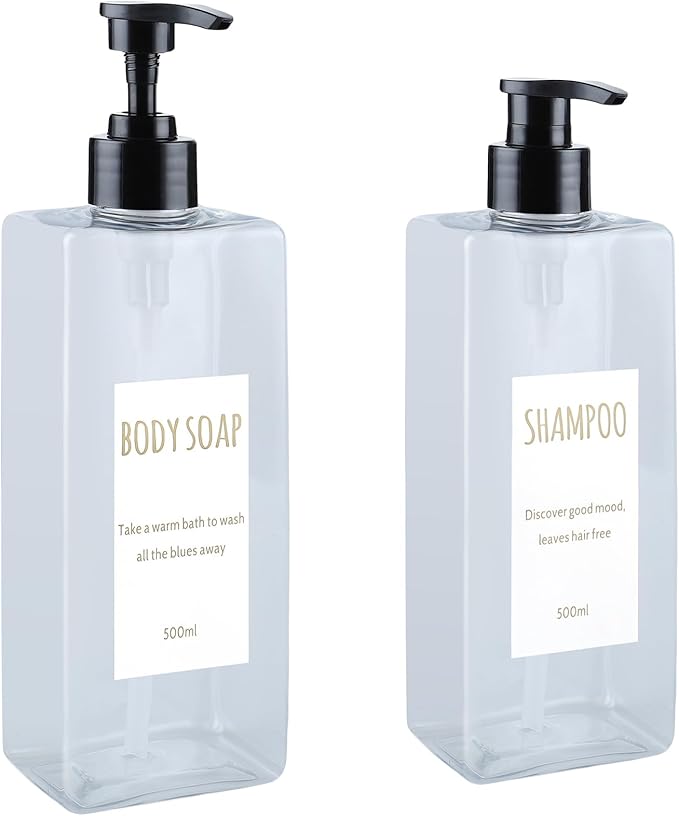 DEROANBOTT Shampoo and Conditioner Dispenser (Set of 2, 16.9oz) Modern Refillable Shampoo Pump Bottles for Shower Soap - Empty Body Wash Dispenser Set for Bathroom (Transparent)