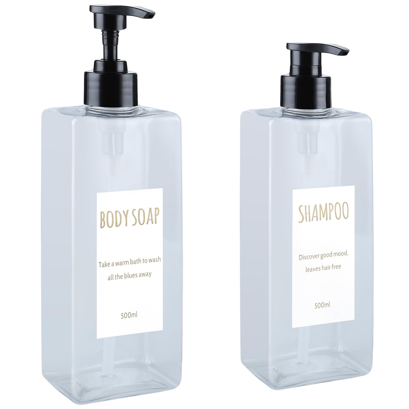 DEROANBOTT Shampoo and Conditioner Dispenser (Set of 2, 16.9oz) Modern Refillable Shampoo Pump Bottles for Shower Soap - Empty Body Wash Dispenser Set for Bathroom (Transparent)