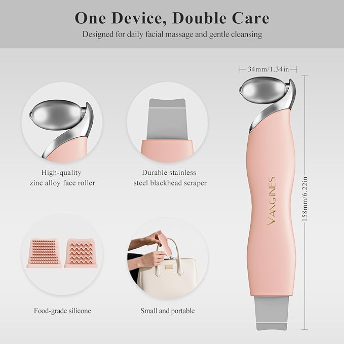 Vangines Blackhead Remover Tool with Ice Roller, Stainless Steel Face Scraper, Skin Scrubber Face Spatula for Deep Cleansing, 3-in-1 Skin Care Tool with 2 Silicone Brush Heads(Dusty Rose)