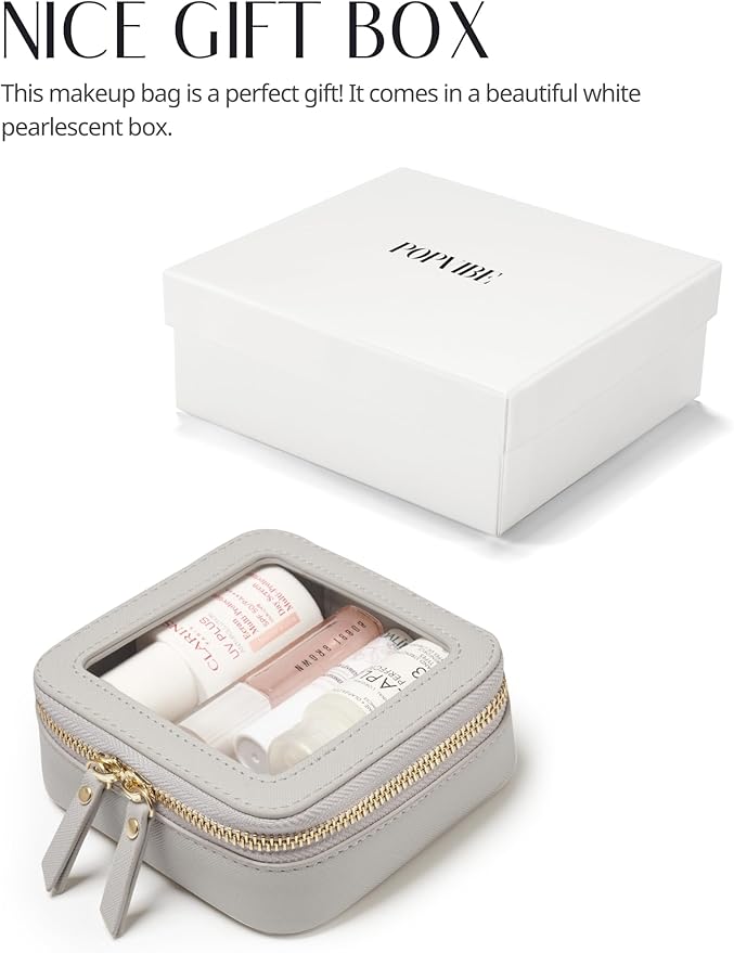 Popvibe Small Cosmetic Bag for Purse Mini Makeup Bag Cute Clear Make Up Pouch for Travel Tiny Leather White Make Up Organizer Case for Backpack Toiletry Bag Waterproof Square Pouch with Zipper