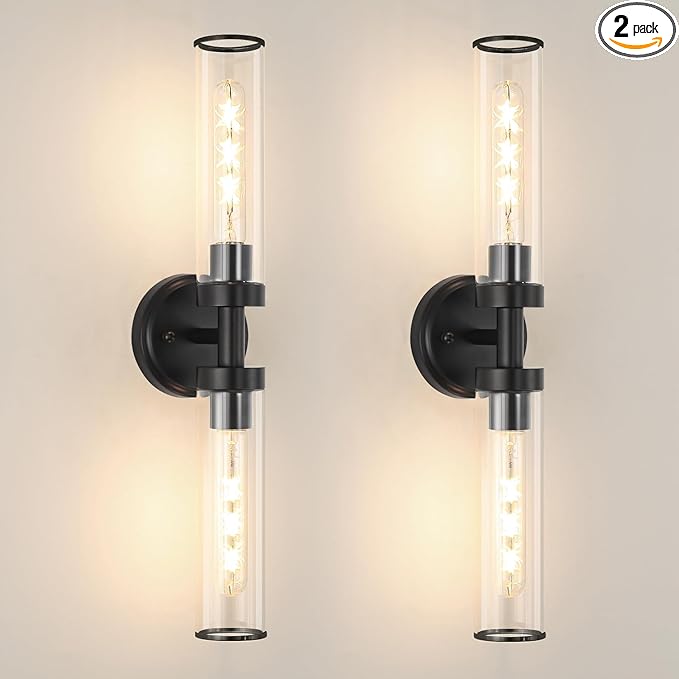 Matte Black Wall Sconces Set of 2, Modern Bathroom Vanity Lights for Mirror, Hardwired Glass Wall Light Fixtures with E26 Base (Bulbs Required) for Bathroom, Bedroom, Hallway, 22.05 Inch