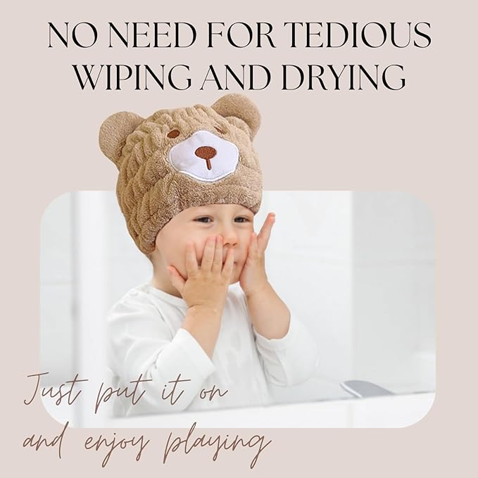 LCBD Microfiber Hair Towel Wrap for Kids, Brown Bear Dry Hair Cap Suck Water, Absorbent Quick Girls Boys Hair Drying Towel, Lightweight Bouncy Hat Headscarf for Wet Hair