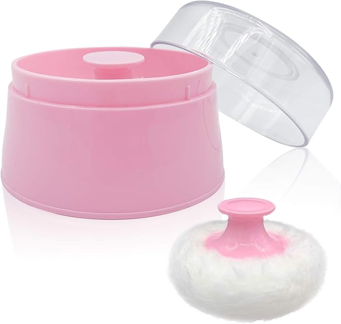 BPA Free Baby Powder Puff Box, Large 2.8" Fluffy Body After-Bath Powder Case, Baby Care Face/Body Villus Powder Puff Container, Makeup Cosmetic Talcum Powder Container with Hand Holder (Pink)