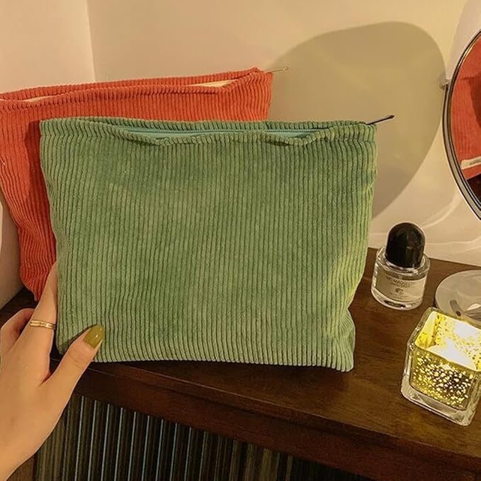 SxoSyo Corduroy Makeup Bags, Cosmetic Pouch for Purse, Green