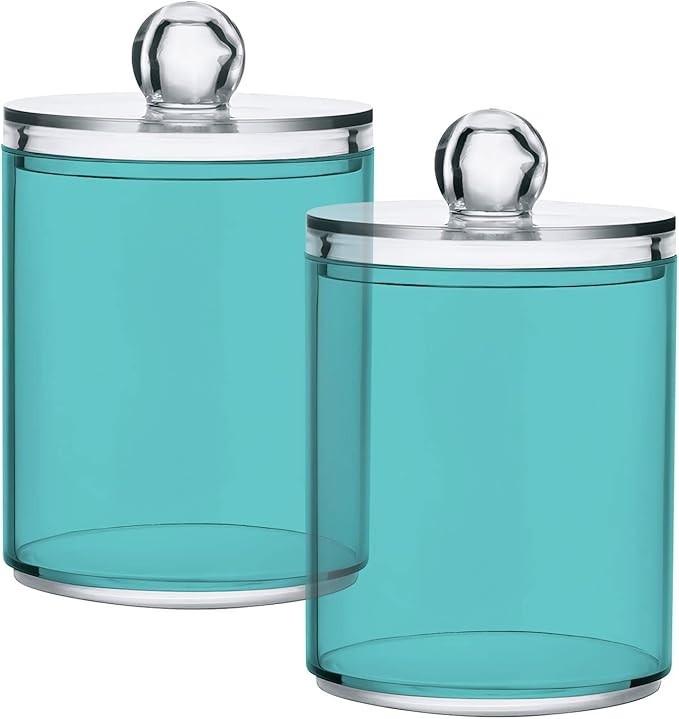 Pale Turquoise Qtip Holder Organizer Dispenser Cotton Swabs Cans Plastic Jars with Lid Set 4 Pack Bathroom Storage Canister for Cotton Ball Floss Cotton Pads