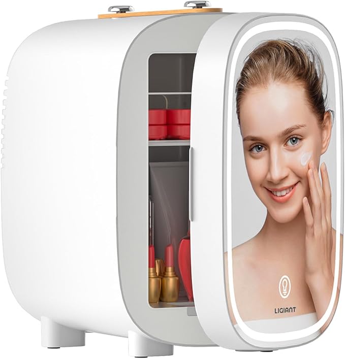 LIGIANT Mini Fridge for Bedroom, 4L/6 Can Mini Makeup Fridge, Small Refrigerator w/3-Level Dimmable LED Light Mirror, Low Noise Fridge, Portable Thermoelectric Cooler&Warmer for Skincare