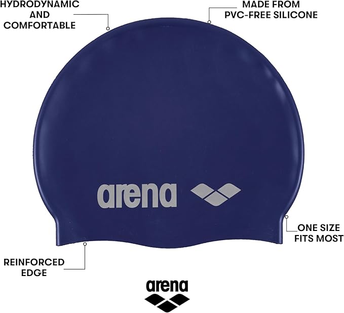 Arena Classic Unisex Soft Silicone Swim Cap for Women and Men, Intensive Training and Racing Comfortable Non-Slip Long Hair Swimming Hat, Denim/Silver