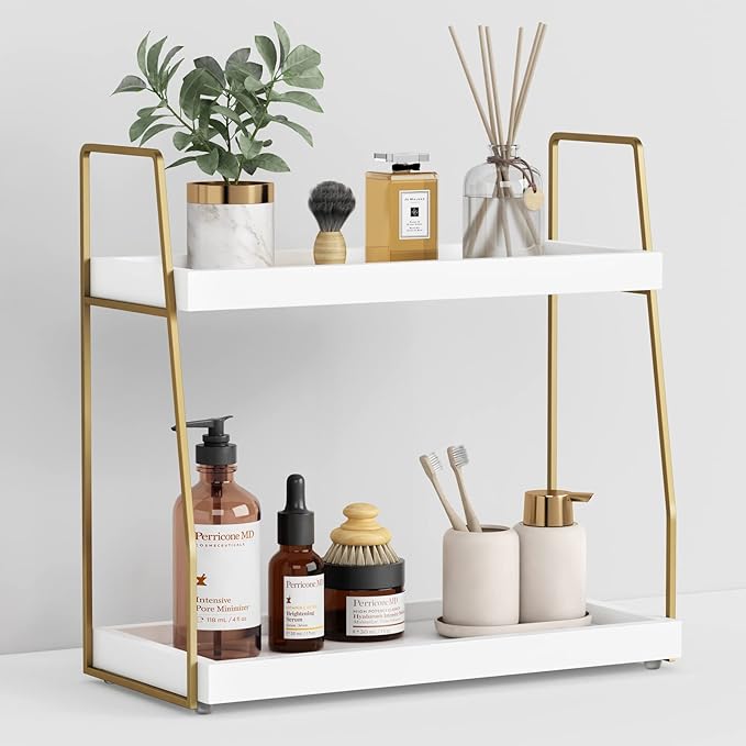 Forbena Black Bathroom Counter Organizer, Tiered Bathroom Organizer Countertop Tray, Corner Makeup Vanity Shelf Organizers and Storage for Men Perfume Skin Care Kitchen Sink Coffee Bar Station