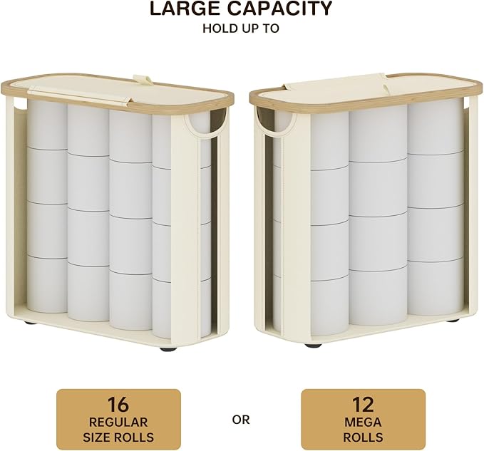 Toilet Paper Storage Basket with Lid and Handle, Foldable Toilet Paper Basket Organizer for Bathroom, Large Capacity Toilet Paper Holder with Storage for 12 Mega or 16 Regular Rolls, Beige