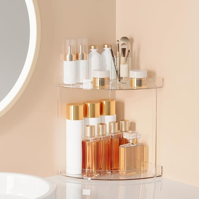 Acliys Bathroom Counter Organizer Countertop 2 Tier Storage Acrylic Corner Makeup Organizer for Makeup, Perfume, Vanity, Spice Rack, Bathroom Sink, Coffee Station(Clear)