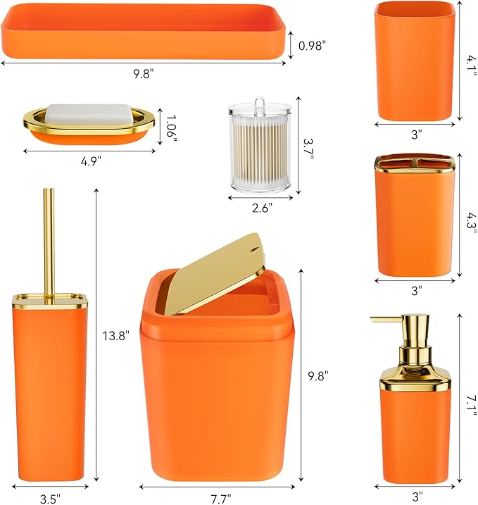XLHOMO Bathroom Accessories Set - Luxury Orange Bathroom Set, 9 Pieces Bathroom Accessory Set, Orange Bathroom Accessories with Trash Can, Toilet Brush & Soap Dispenser
