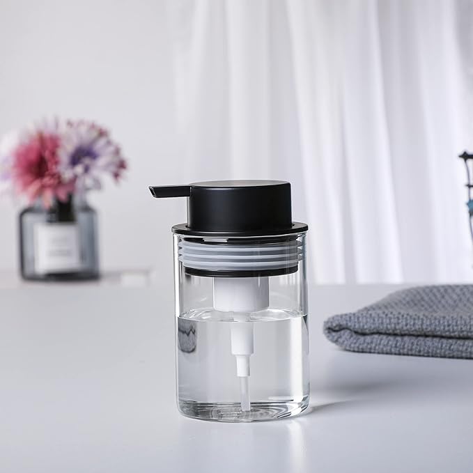 Clear Glass Foam Soap Dispenser, 10 Oz Hand Liquid Bottles with Rust Proof Plastic Pump, Refillable Round Foaming Lotion Dispensing for Kitchen Sink & Bathroom Counter Decorative