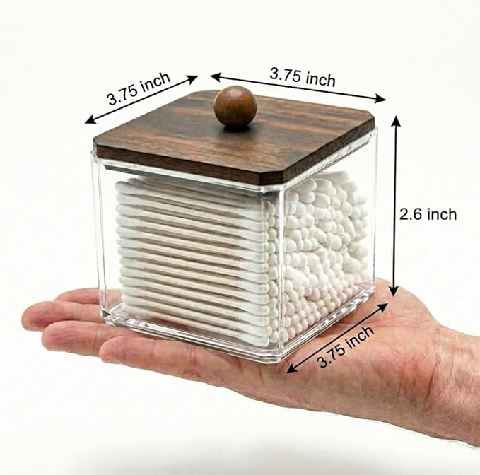 SheeChung Qtip Holder for Bathroom - Walnut Wood Lid Acrylic Cotton Swab Dispenser, Clear Apothecary Jar for Cotton Balls, Pads, Flossers, Farmhouse Vanity Storage Organizer (1 pack)