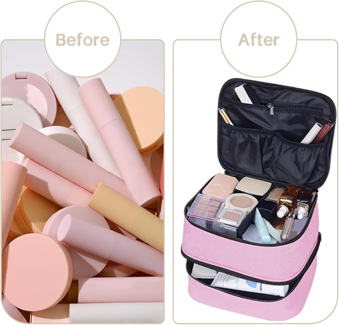 TANPADUAJI Double Layer Makeup Bag Portable Large Cosmetic Case Organizer with Adjustable Dividers Storage Travel Bag for Accessories Brushes Conditioner and Skin Care Products (Pink)