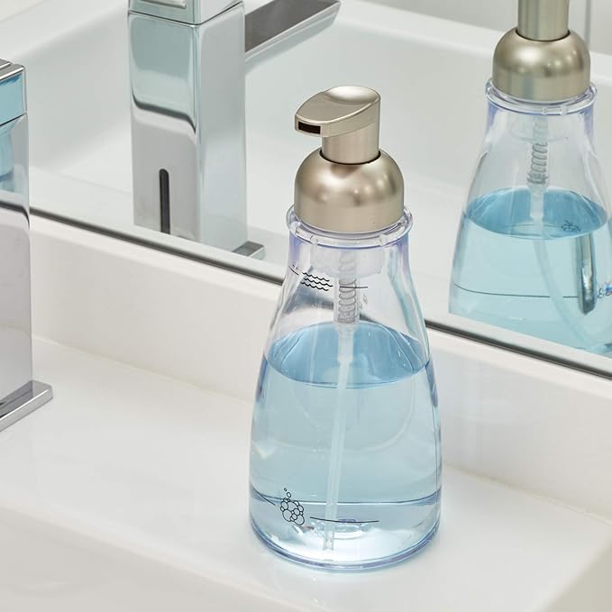 iDesign Foaming Soap Dispenser for Kitchen, Bathroom, Sink, Vanity, 3" x 3" x 7.5", Clear and Brushed Nickel