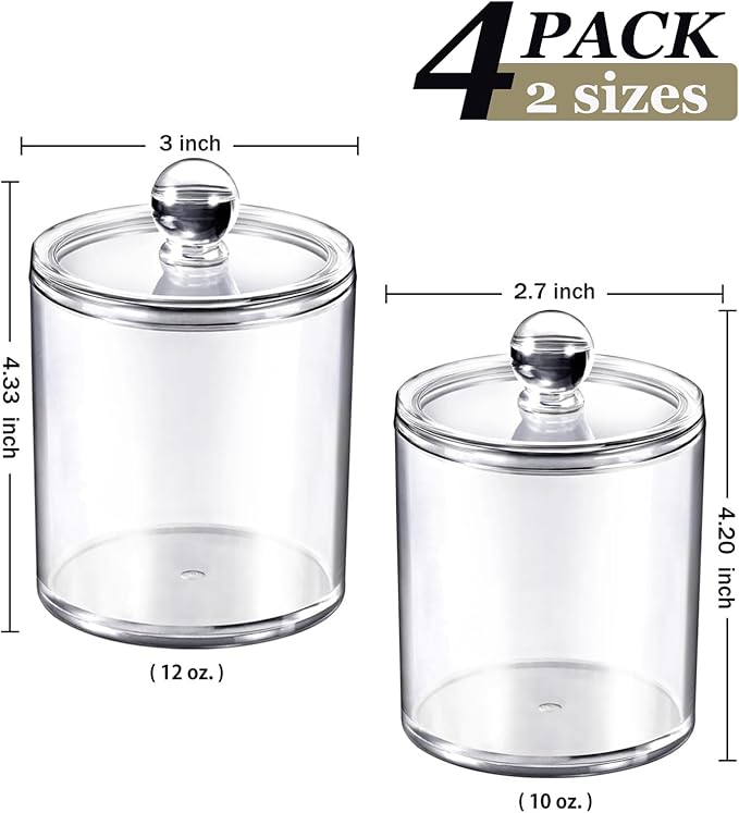SheeChung Qtip Holder, Acrylic Cotton Round Holder with Chalkboard Labels - Shatterproof Apothecary Jars for Bathroom - Vanity Storage Canisters for Cotton Swabs,Balls,Floss Picks（4-Pack Clear）