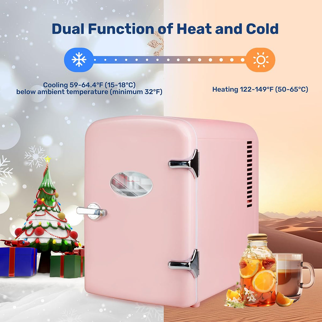 HealSmart Mini Fridge Portable 4 Liter/6 Can with Observation Window, Cooler&Warmer Small Desk Compact Refrigerator for Skin Care, Cosmetics, Beverage, Food in Bedroom, Car, Office, Dorm, Pink