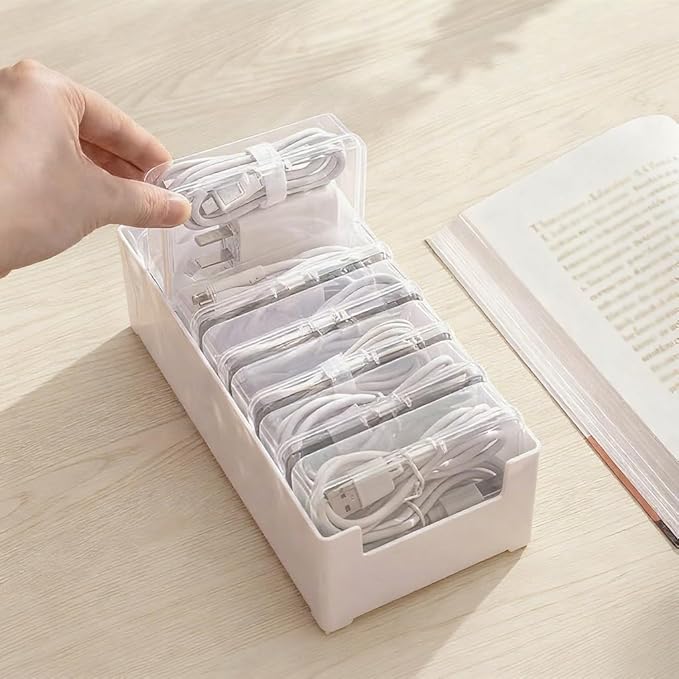 RayHenry 2 PCS Cable Organizer Box with 7 Clear Switch Case, Desktop Charger Cord Storage Organizer Box for Home Office Desk Accessories Wire Organization Stationery Supplies (white)