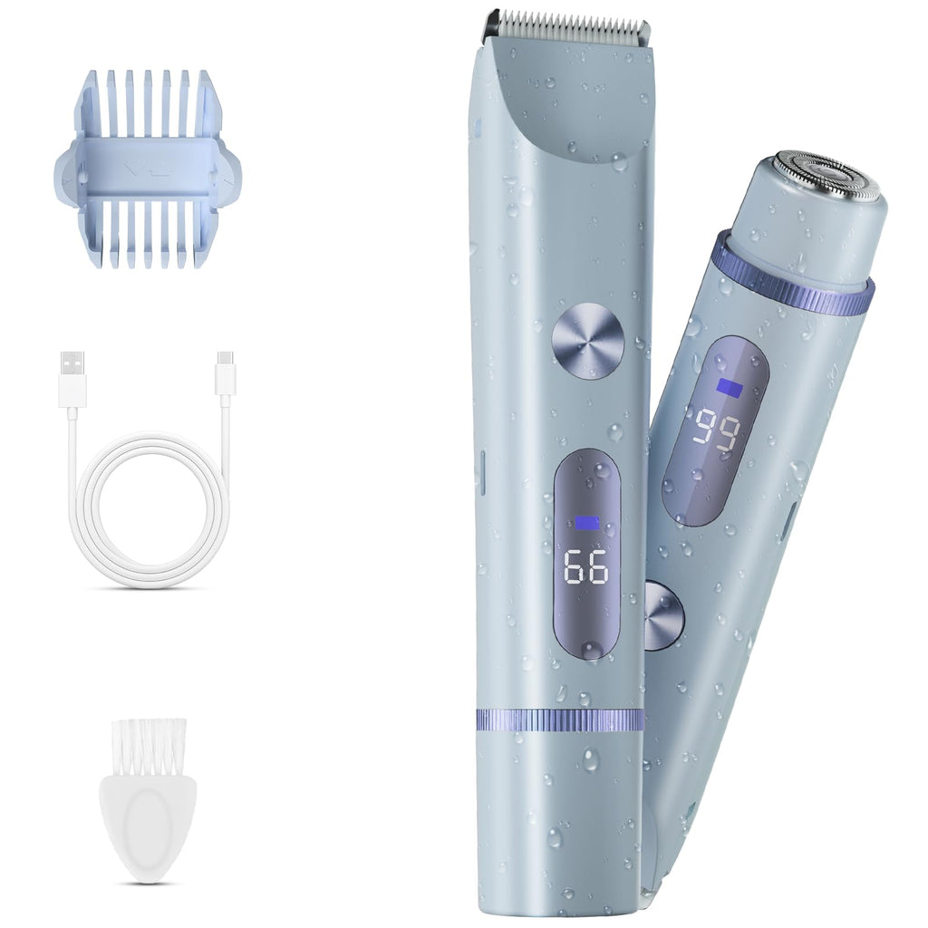 Bikini Trimmer for Women, 2 in 1 Electric Shaver for Women, Rechargeable Electric Razor Body Hair Trimmer Wet & Dry Use, Blue