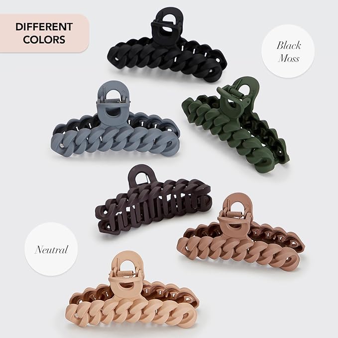 Kitsch Recycled Plastic Large Claw Clip, Big Chain Hair Clips for Women, Big Claw Clips for Thick Hair, (3pc Set Large Neutrals)