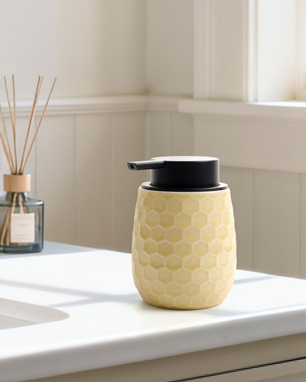 Soap Dispenser, 12OZ Ceramic Liquid Ice Crack Yellow Hand Soap Dispenser with Honeycomb Design for Kitchen or Bathroom, Refillable Dish Lotion Dispenser, ANTIS'S HOME