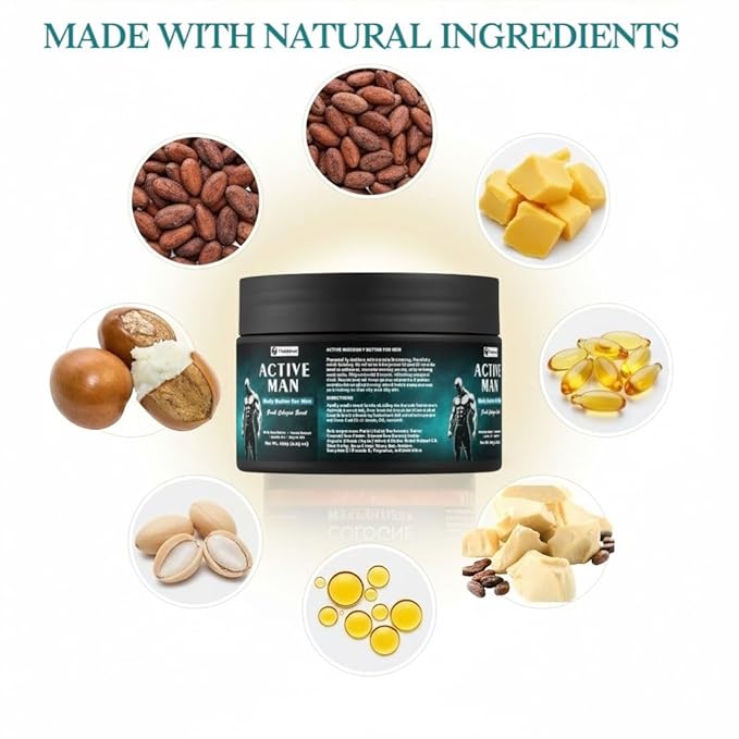 Body Butter for Men, Active Man Fast-Absorbing Deep Moisturizer with Natural Ingredients, Refreshing Scent, Ultimate Hydration Formula. Cologne scented.