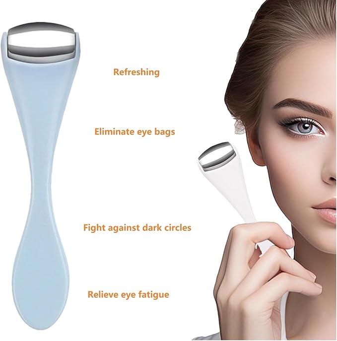 Mini Eye Face Rollers Massager 304 Stainless Steel Ice Silicone Roller for Relief Pain Skincare Facial (Blue Color)