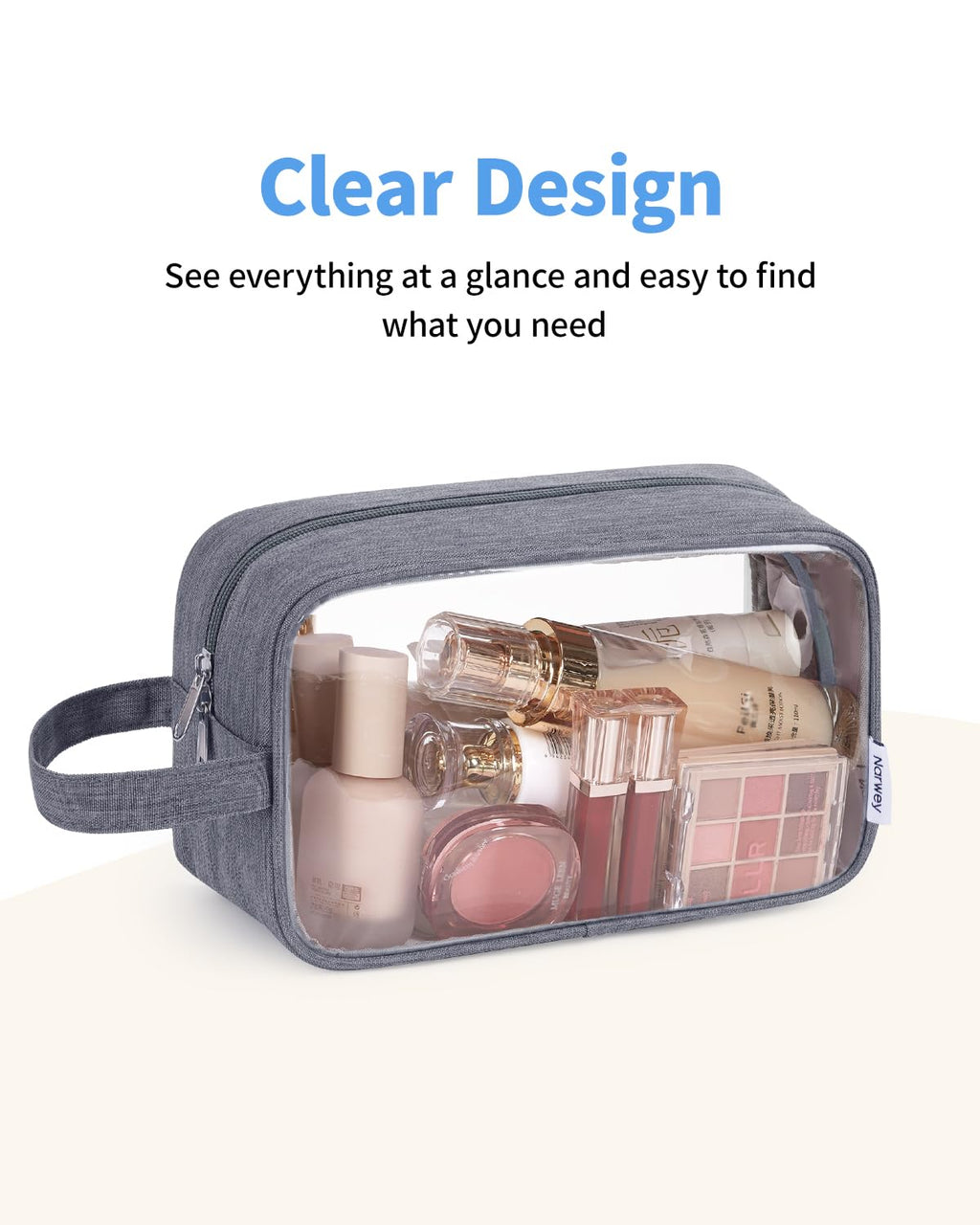 Narwey Clear Travel Toiletry Bags for Traveling Toiletries Men Women, Clear Makeup Bag Cosmetic Bag with Zipper, Make Up Pouch Organizer Bag with Handle, Skincare Beach Snack Medicine Bag, Grey