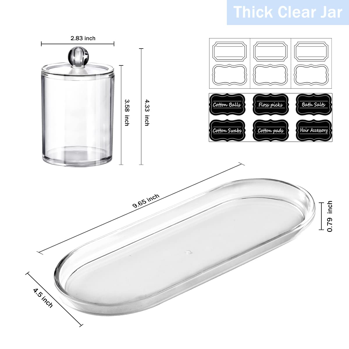 SheeChung 3 PCS Qtip Holder Bathroom Set with Tray, Acrylic Apothecary Jars